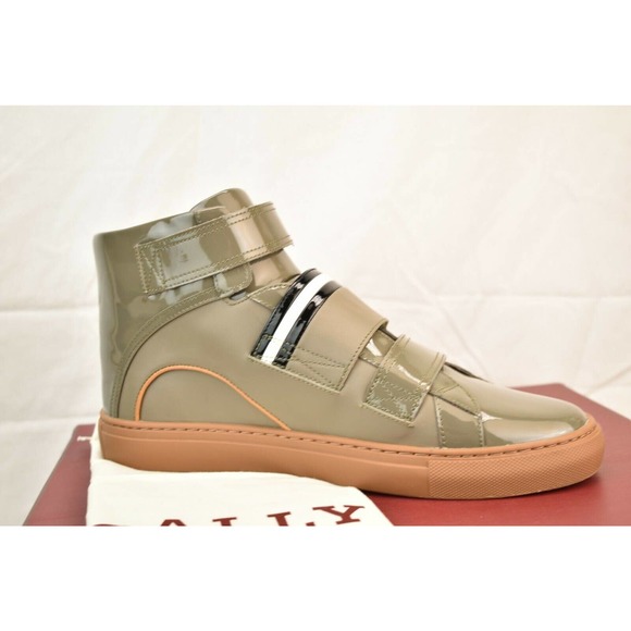 NIB BALLY HERICK SNUFF PATENT LEATHER HI TOP STRIPE LOGO SNEAKERS 8.5 US 41.5